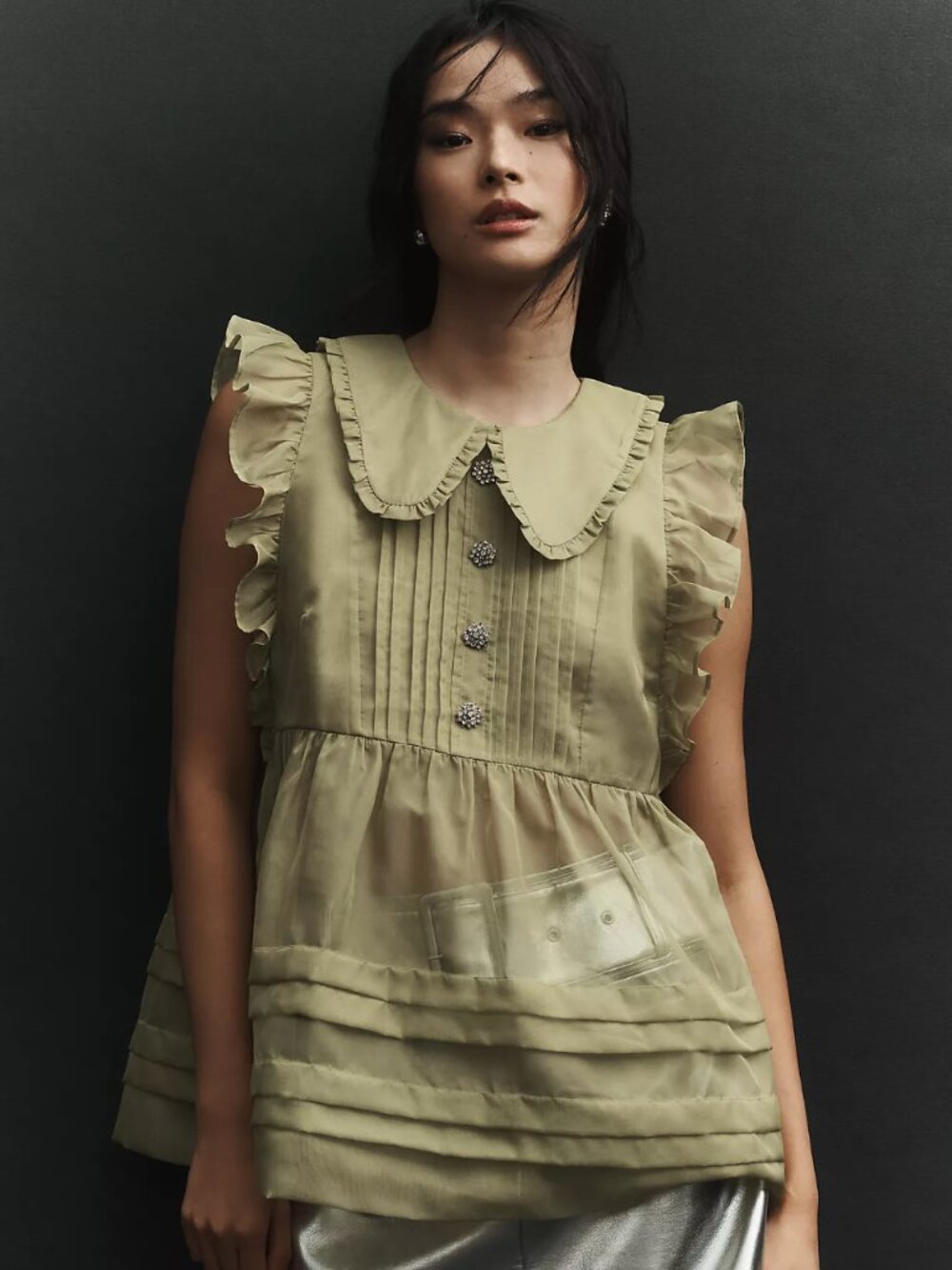 NWT Maeve | Chartreuse Sheer Organza Peter Pan Collar Sheer Babydoll Top XXS